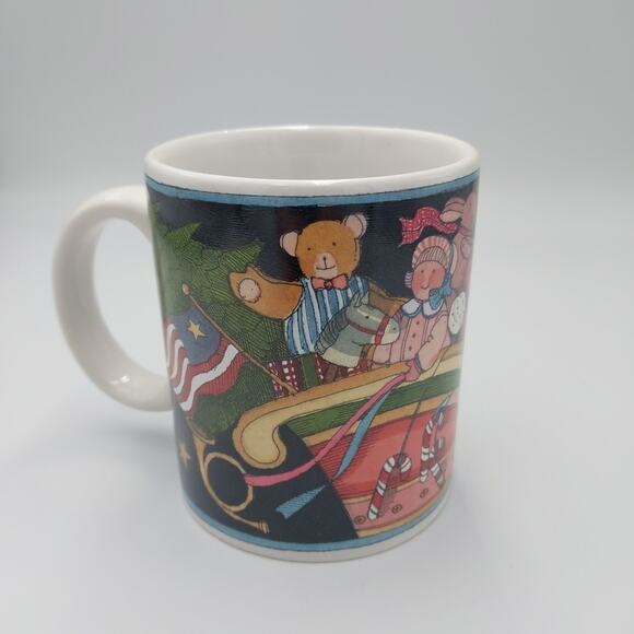 Vtg 1992 Susan Winget Discontinued Santa Sleigh Flag Christmas Coffee Tea Mug - Picture 1 of 3